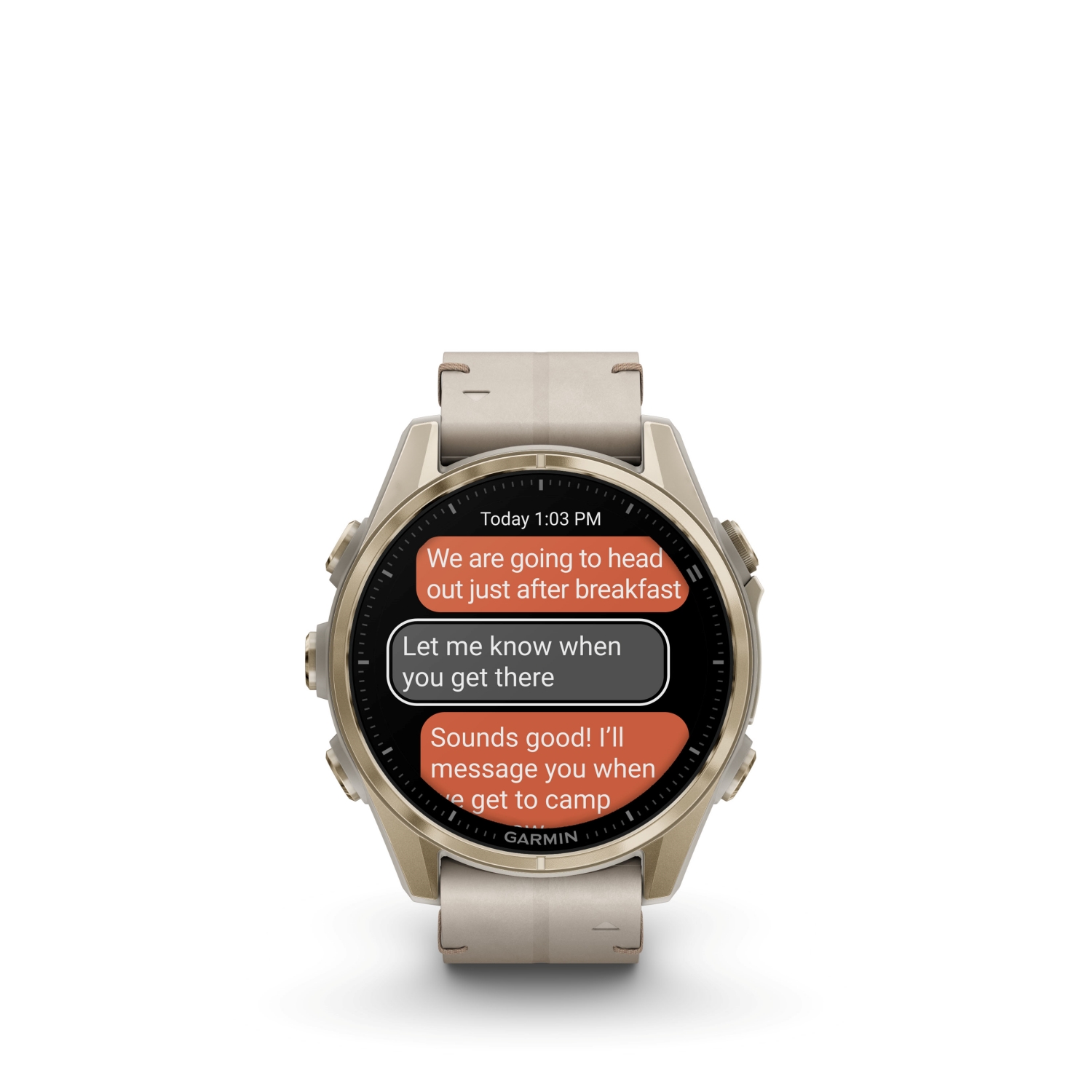 Jewellers - Garmin Fenix 8 43mm AMOLED Sapphire Soft Gold with Fog Gray Leather Strap GA-010-02903-40