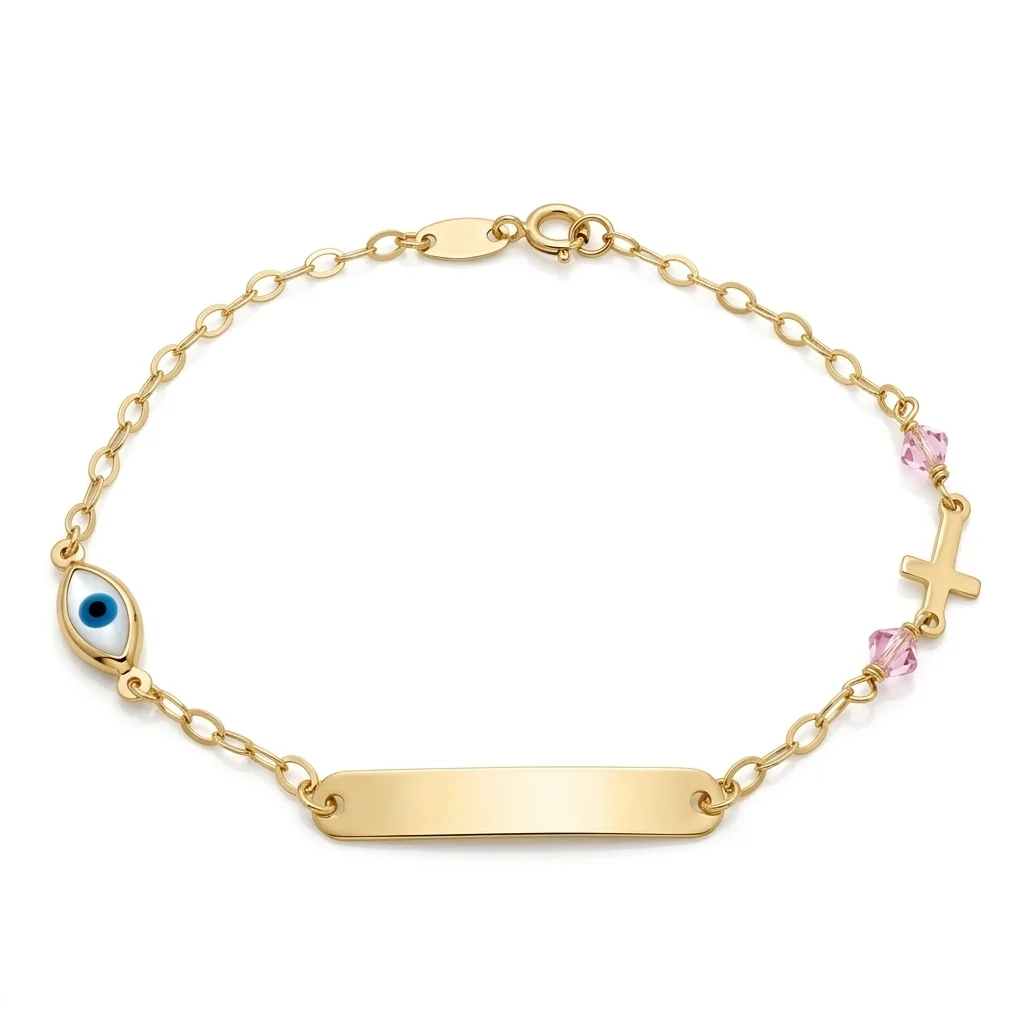 33826_bm9hpb8lp1m_2026-04-02-20-29-41 Jewellers - Βραχιόλι Ταυτότητα με Ματάκι και Σταυρό με Ροζ Πέτρες